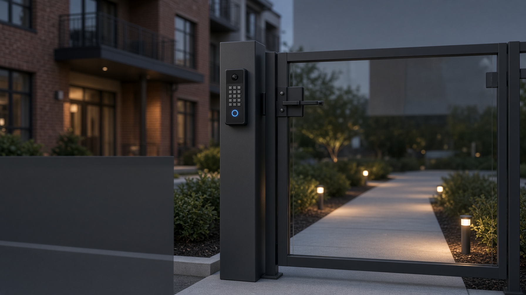 An access reader beside a pedestrian gate at an apartment community.