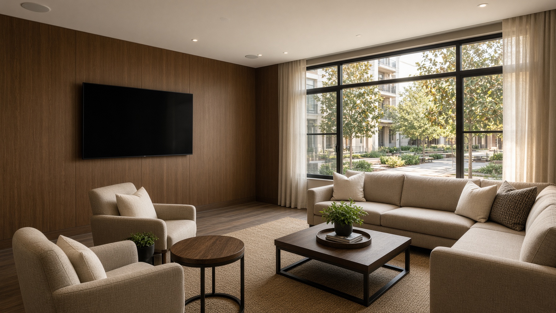 An apartment clubhouse lounge with ceiling speakers and a display.
