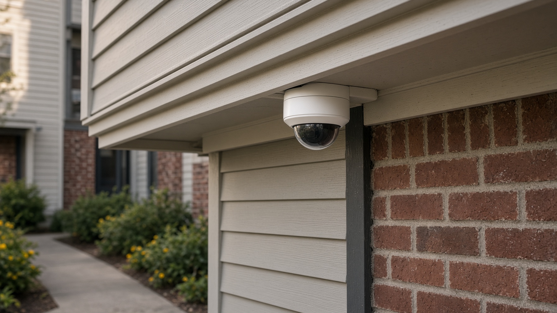 A dome camera under the eave of an apartment building.