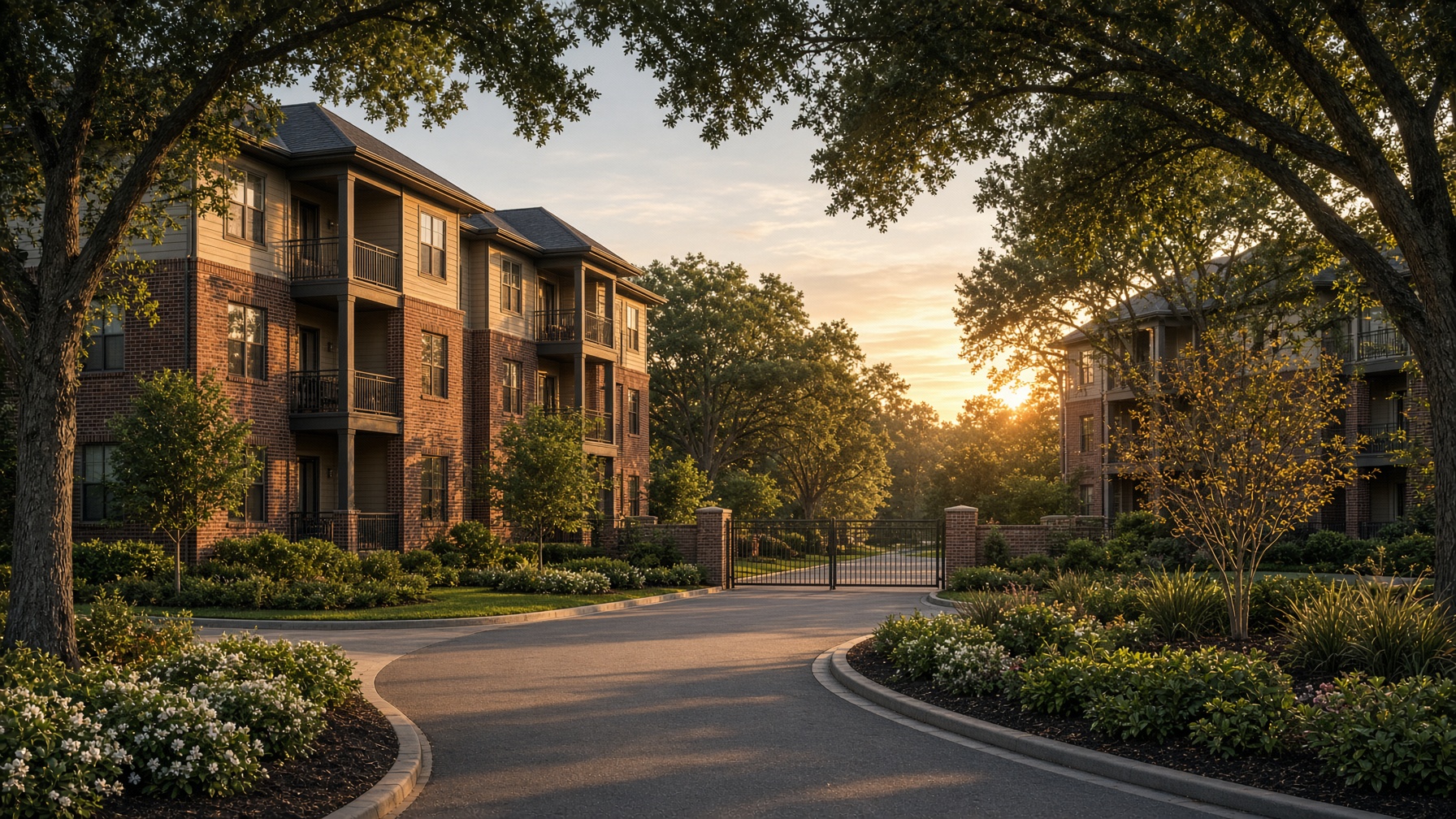 A landscaped multifamily community at golden hour, with a gate at the entry drive.