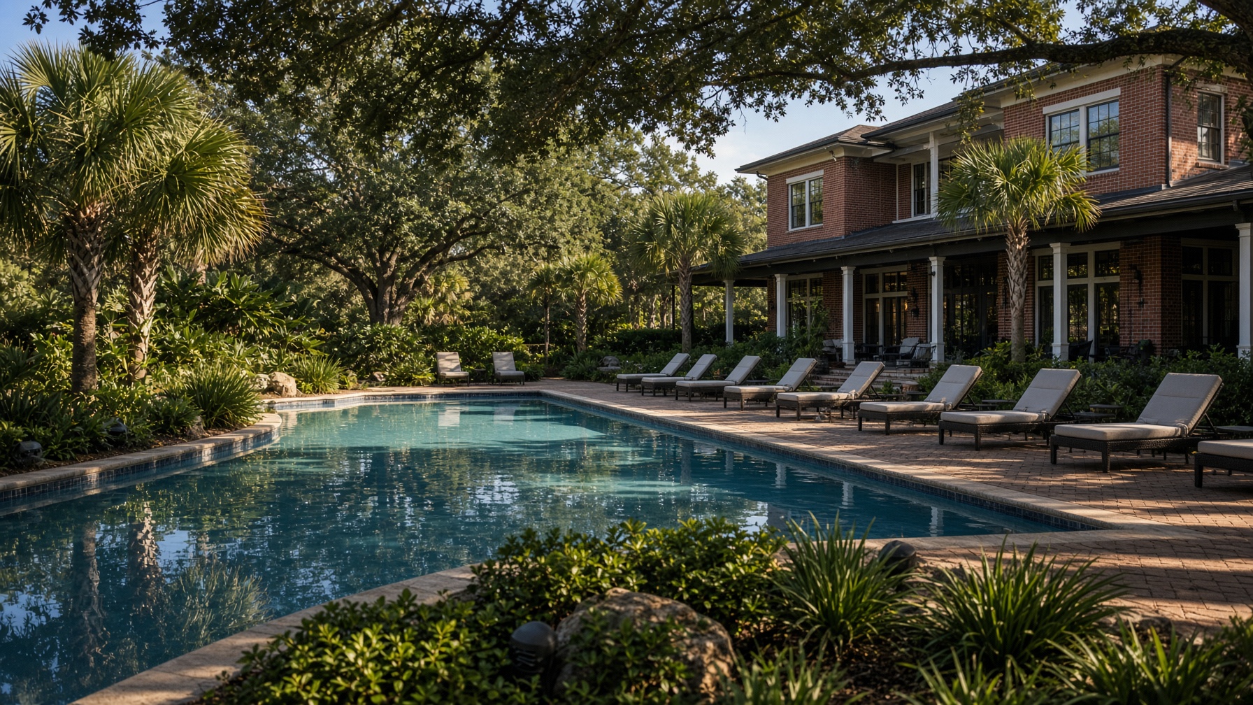 A community pool deck in the late afternoon.