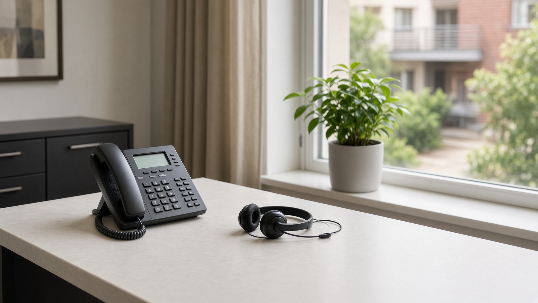 A property office desk with a telephone and headset.